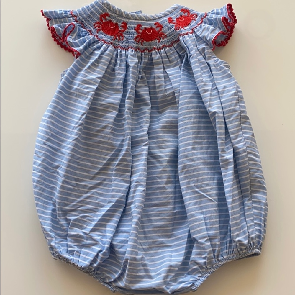 Smocked Bubble 18m- Blue and white Stripes